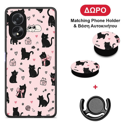 Black Cat Doodles on Pink - Oppo A38 θήκη + Δώρο Phone Holder & Βάση Αυτοκινήτου