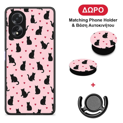Black Cat Silhouettes and Hearts on Pink - Oppo A38 θήκη + Δώρο Phone Holder & Βάση Αυτοκινήτου