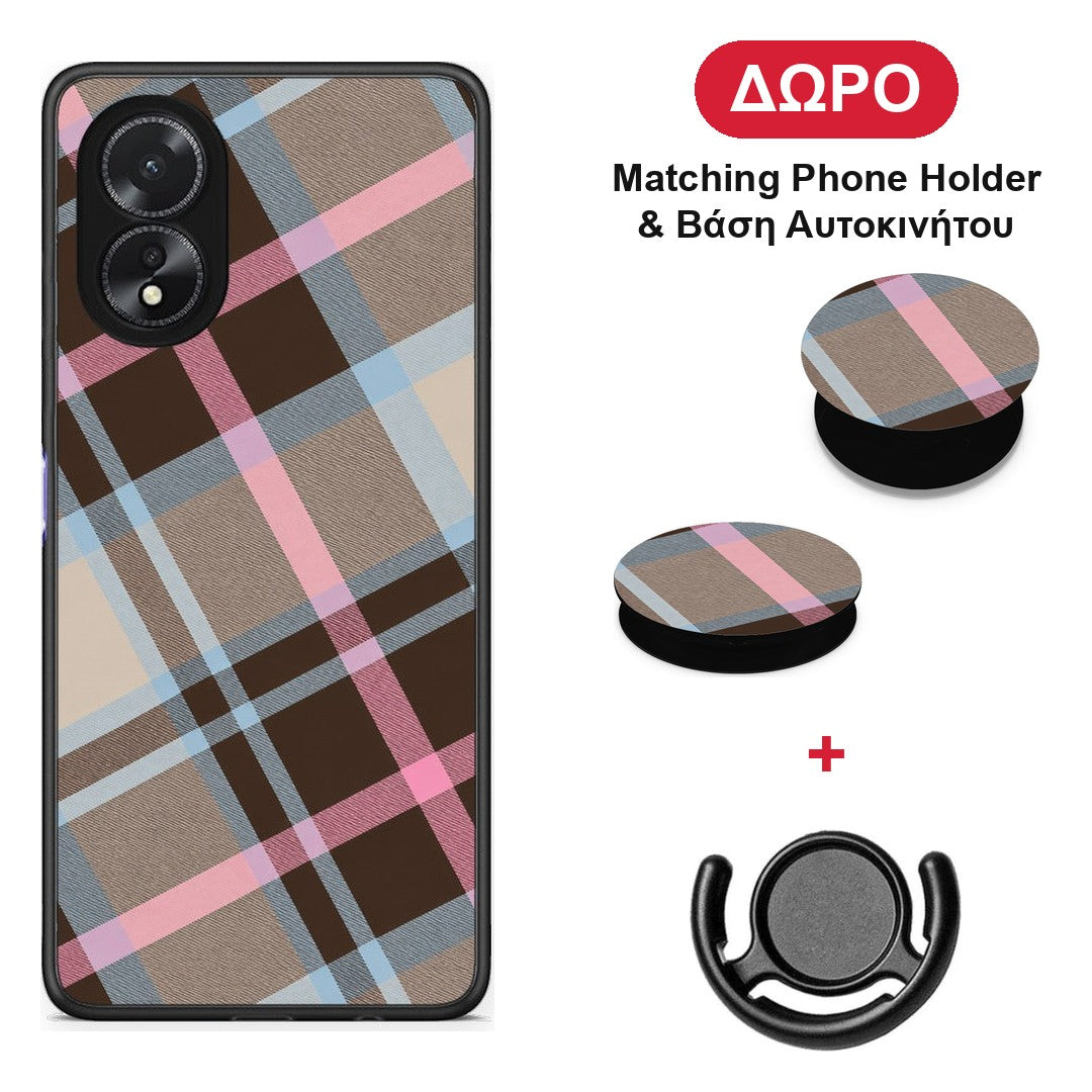 Brown Pink and Blue Diagonal Plaid - Oppo A38 θήκη + Δώρο Phone Holder & Βάση Αυτοκινήτου