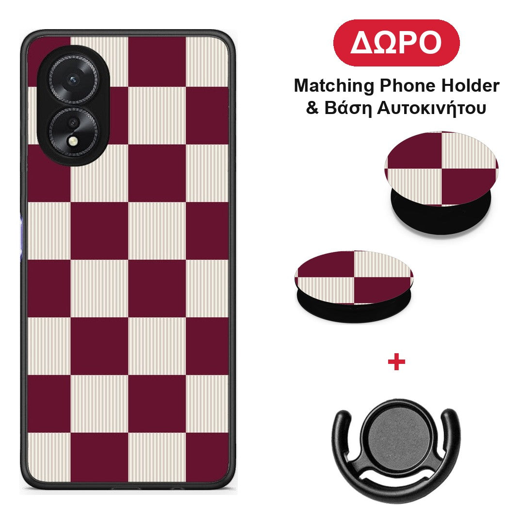 Burgundy and Cream Striped Checks - Oppo A38 θήκη + Δώρο Phone Holder & Βάση Αυτοκινήτου