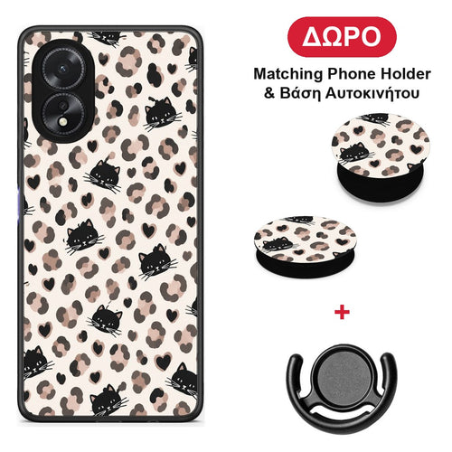 Leopard Spots and Black Cats on Cream - Oppo A38 θήκη + Δώρο Phone Holder & Βάση Αυτοκινήτου