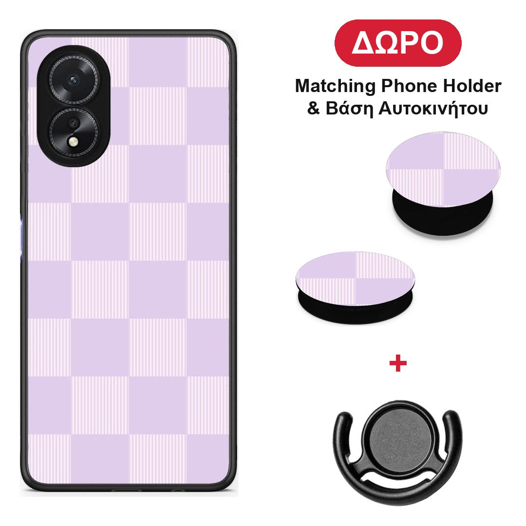 Lilac and Cream Striped Checks - Oppo A38 θήκη + Δώρο Phone Holder & Βάση Αυτοκινήτου