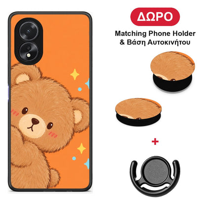 Peekaboo Teddy on Orange - Oppo A38 θήκη + Δώρο Phone Holder & Βάση Αυτοκινήτου