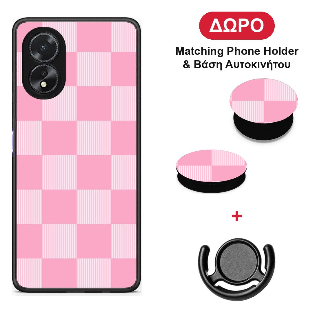 Pink and White Striped Checks - Oppo A38 θήκη + Δώρο Phone Holder & Βάση Αυτοκινήτου