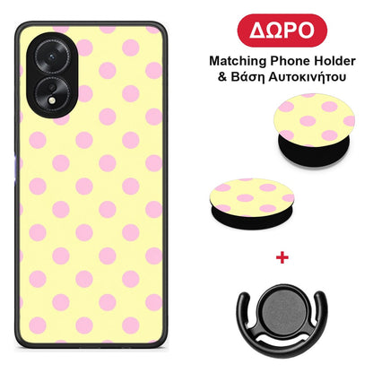 Pink Polka Dots on Yellow - Oppo A38 θήκη + Δώρο Phone Holder & Βάση Αυτοκινήτου