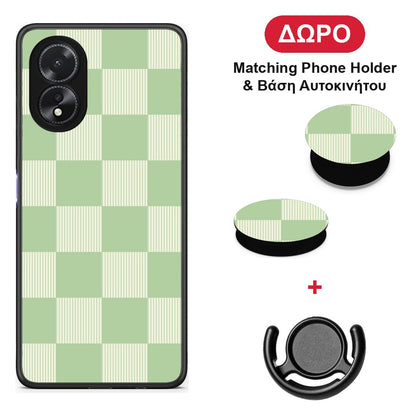 Sage and Cream Striped Checks - Oppo A38 θήκη + Δώρο Phone Holder & Βάση Αυτοκινήτου