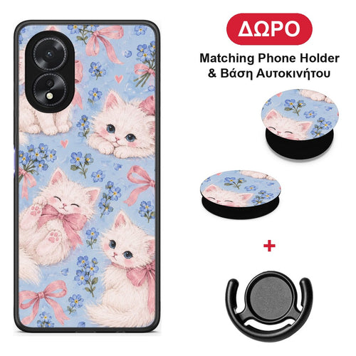 White Kittens and Blue Flowers Large - Oppo A38 θήκη + Δώρο Phone Holder & Βάση Αυτοκινήτου