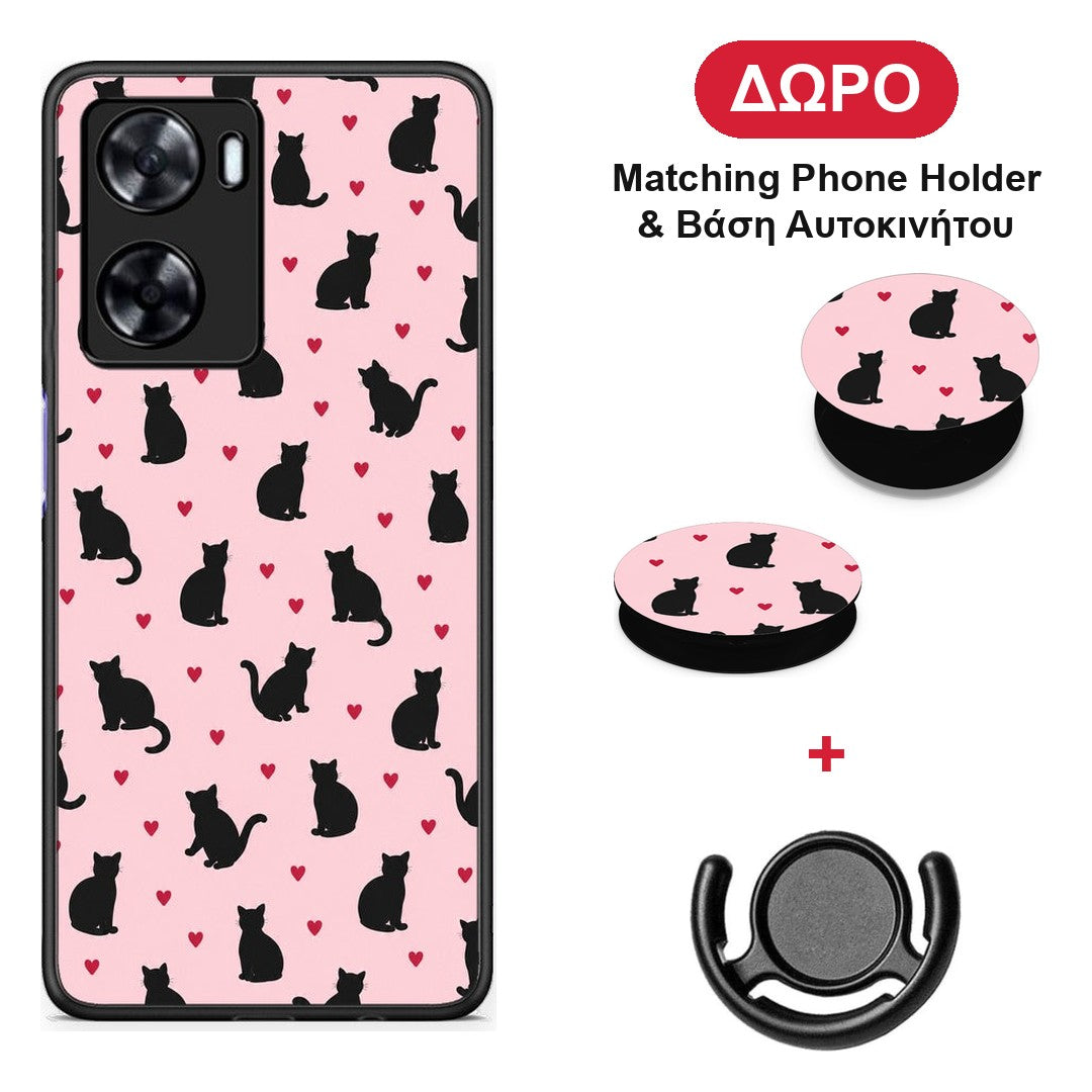 Black Cat Silhouettes and Hearts on Pink - Oppo A57s / A77s / A77 θήκη + Δώρο Phone Holder & Βάση Αυτοκινήτου