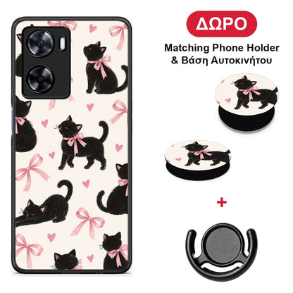 Black Kittens and Pink Bows on Cream Large - Oppo A57s / A77s / A77 θήκη + Δώρο Phone Holder & Βάση Αυτοκινήτου