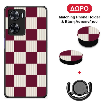 Burgundy and Cream Striped Checks - Oppo A57s / A77s / A77 θήκη + Δώρο Phone Holder & Βάση Αυτοκινήτου