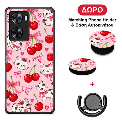 Cherries Bows and Kittens on Pink - Oppo A57s / A77s / A77 θήκη + Δώρο Phone Holder & Βάση Αυτοκινήτου