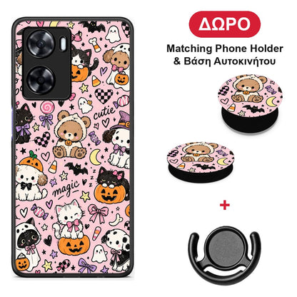 Halloween Cute Animals on Pink - Oppo A57s / A77s / A77 θήκη + Δώρο Phone Holder & Βάση Αυτοκινήτου