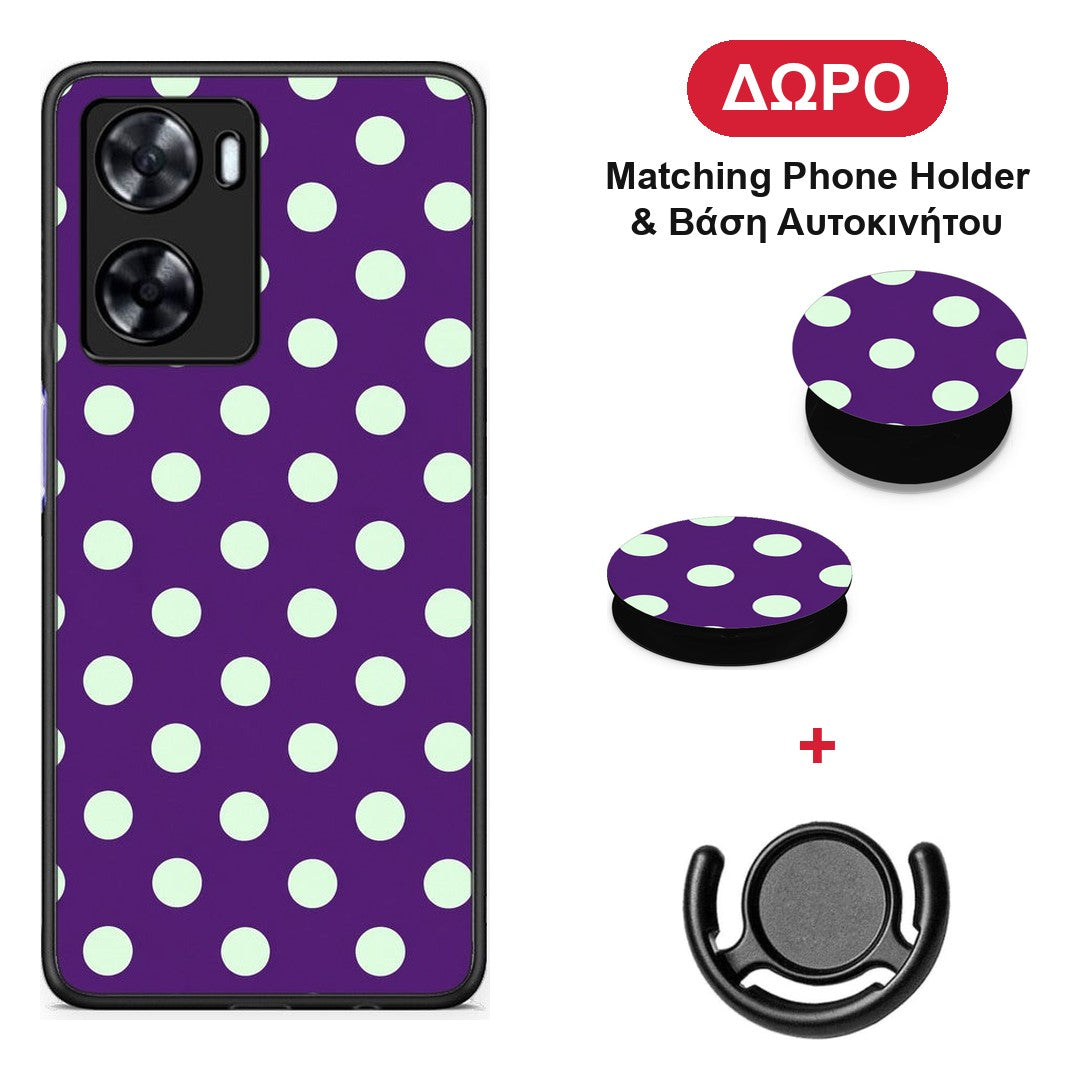 Mint Polka Dots on Purple - Oppo A57s / A77s / A77 θήκη + Δώρο Phone Holder & Βάση Αυτοκινήτου