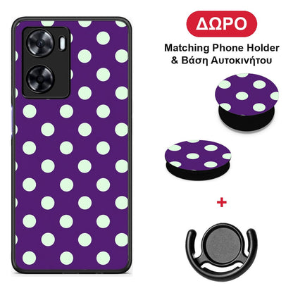 Mint Polka Dots on Purple - Oppo A57s / A77s / A77 θήκη + Δώρο Phone Holder & Βάση Αυτοκινήτου