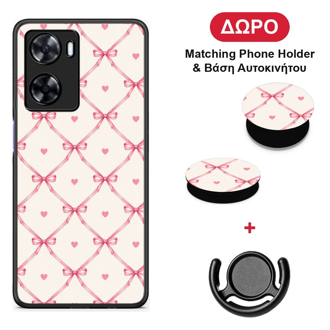 Pink Bow Lattice and Hearts on Cream - Oppo A57s / A77s / A77 θήκη + Δώρο Phone Holder & Βάση Αυτοκινήτου