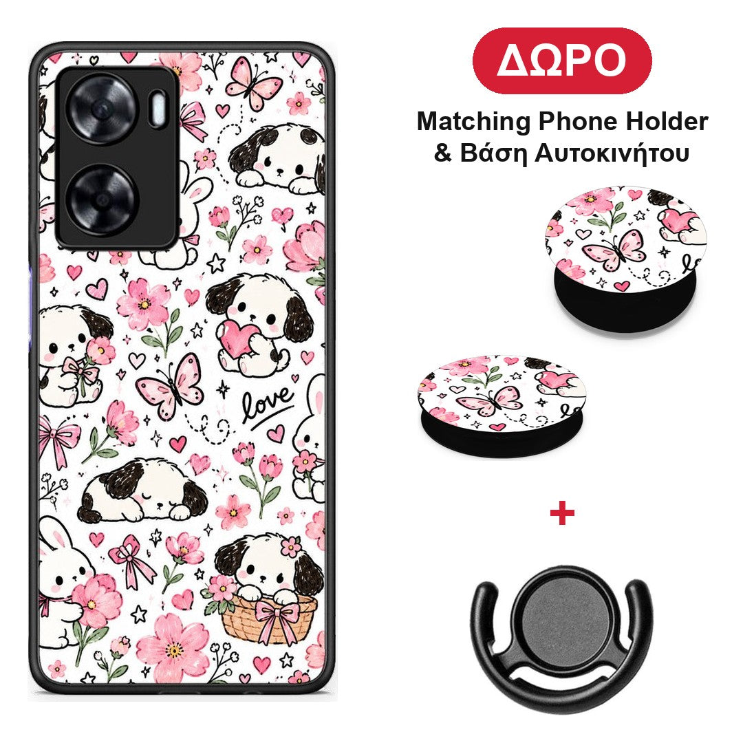 Pink Florals Puppies and Bunnies on White - Oppo A57s / A77s / A77 θήκη + Δώρο Phone Holder & Βάση Αυτοκινήτου