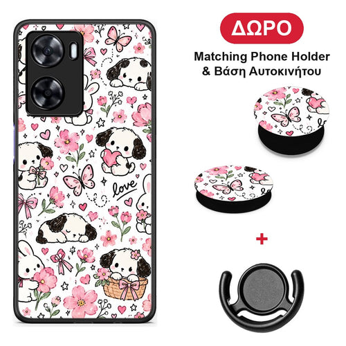 Pink Florals Puppies and Bunnies on White - Oppo A57s / A77s / A77 θήκη + Δώρο Phone Holder & Βάση Αυτοκινήτου