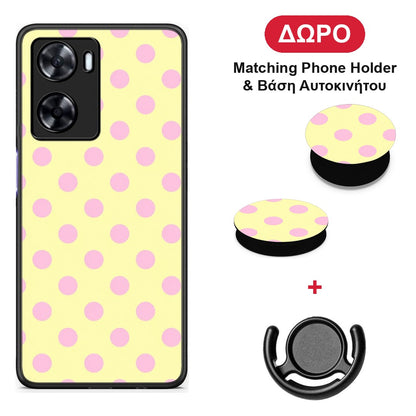 Pink Polka Dots on Yellow - Oppo A57s / A77s / A77 θήκη + Δώρο Phone Holder & Βάση Αυτοκινήτου