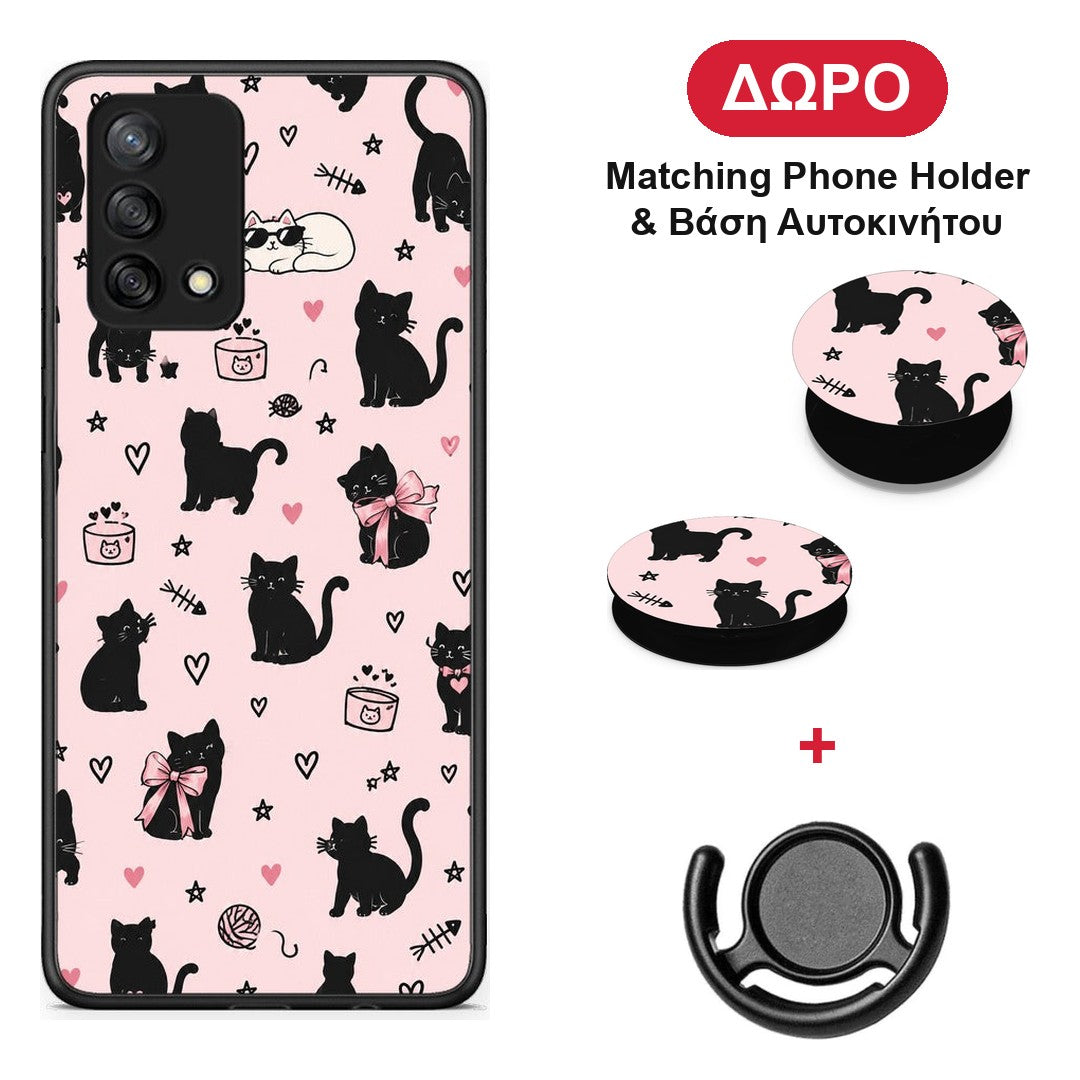Black Cat Doodles on Pink - Oppo A74 4G θήκη + Δώρο Phone Holder & Βάση Αυτοκινήτου