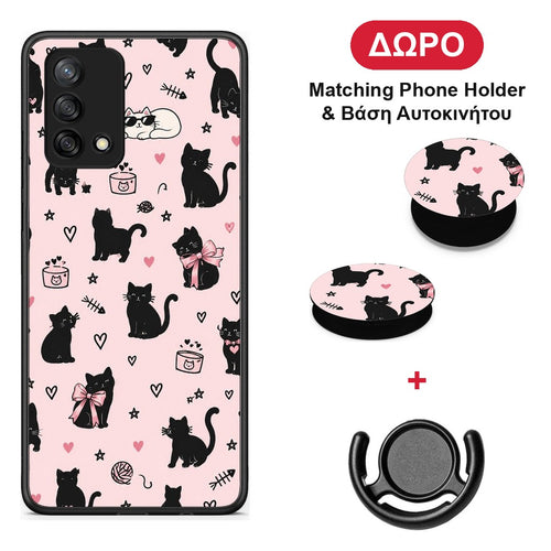 Black Cat Doodles on Pink - Oppo A74 4G θήκη + Δώρο Phone Holder & Βάση Αυτοκινήτου