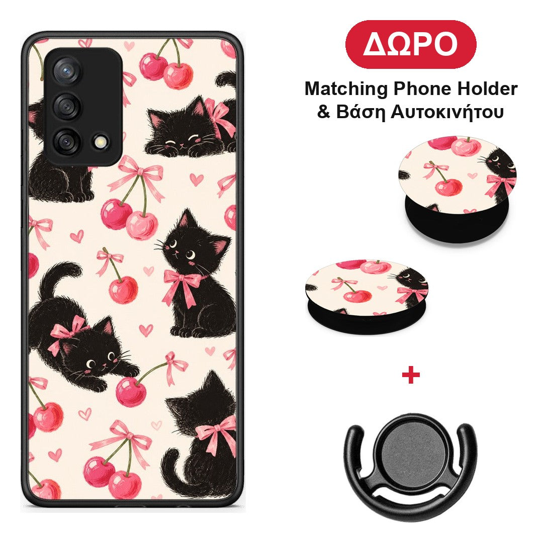 Black Kittens and Cherries on Cream - Oppo A74 4G θήκη + Δώρο Phone Holder & Βάση Αυτοκινήτου