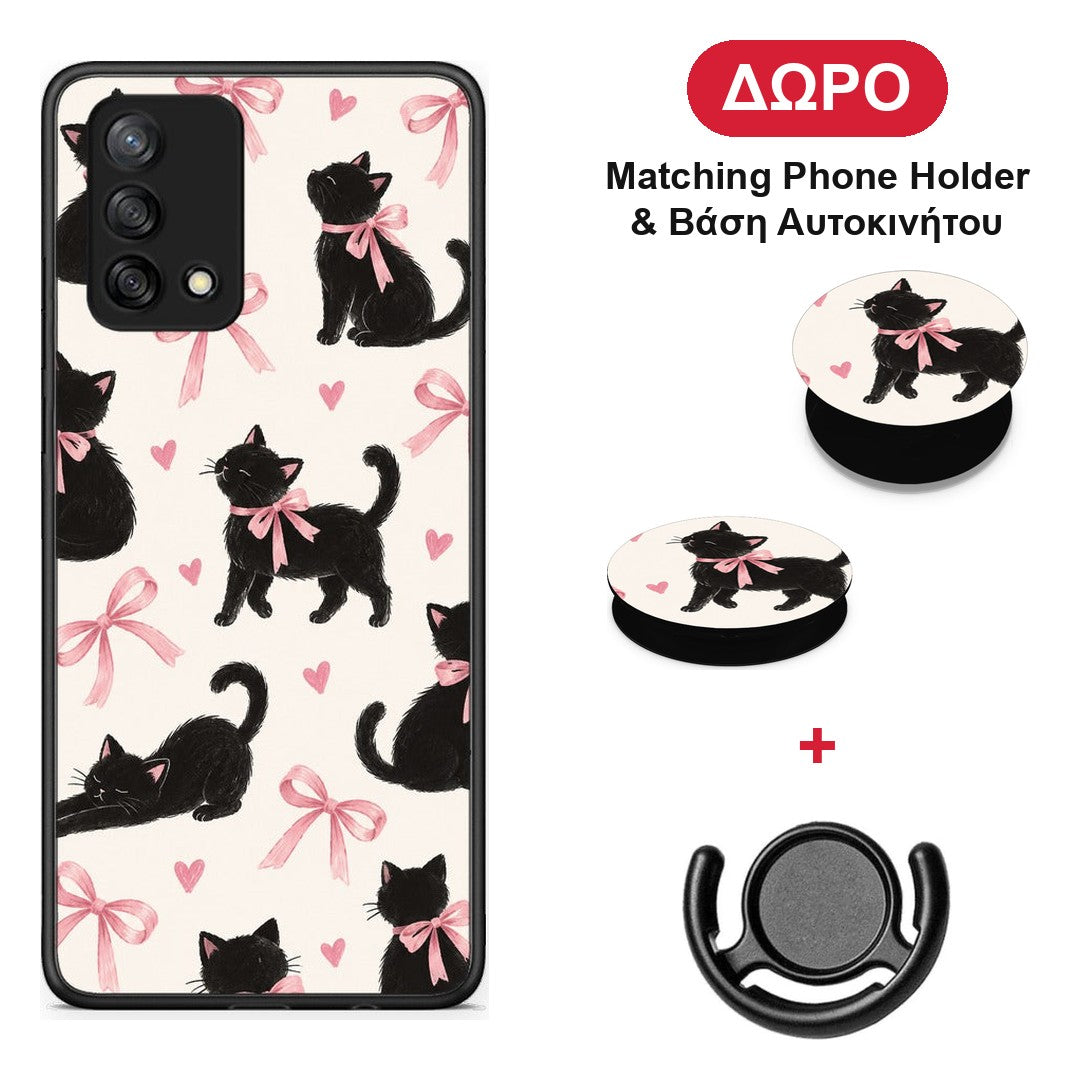 Black Kittens and Pink Bows on Cream Large - Oppo A74 4G θήκη + Δώρο Phone Holder & Βάση Αυτοκινήτου