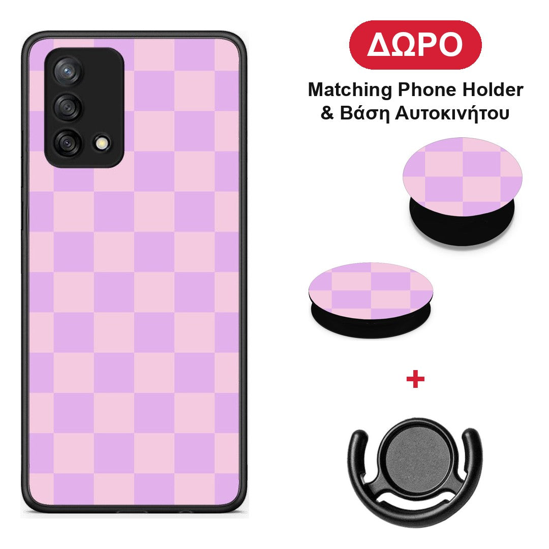Lavender and Pink Checkerboard - Oppo A74 4G θήκη + Δώρο Phone Holder & Βάση Αυτοκινήτου