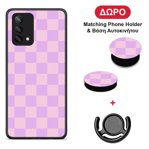 Lavender and Pink Checkerboard - Oppo A74 4G θήκη + Δώρο Phone Holder & Βάση Αυτοκινήτου