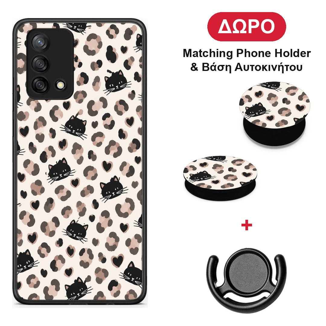 Leopard Spots and Black Cats on Cream - Oppo A74 4G θήκη + Δώρο Phone Holder & Βάση Αυτοκινήτου