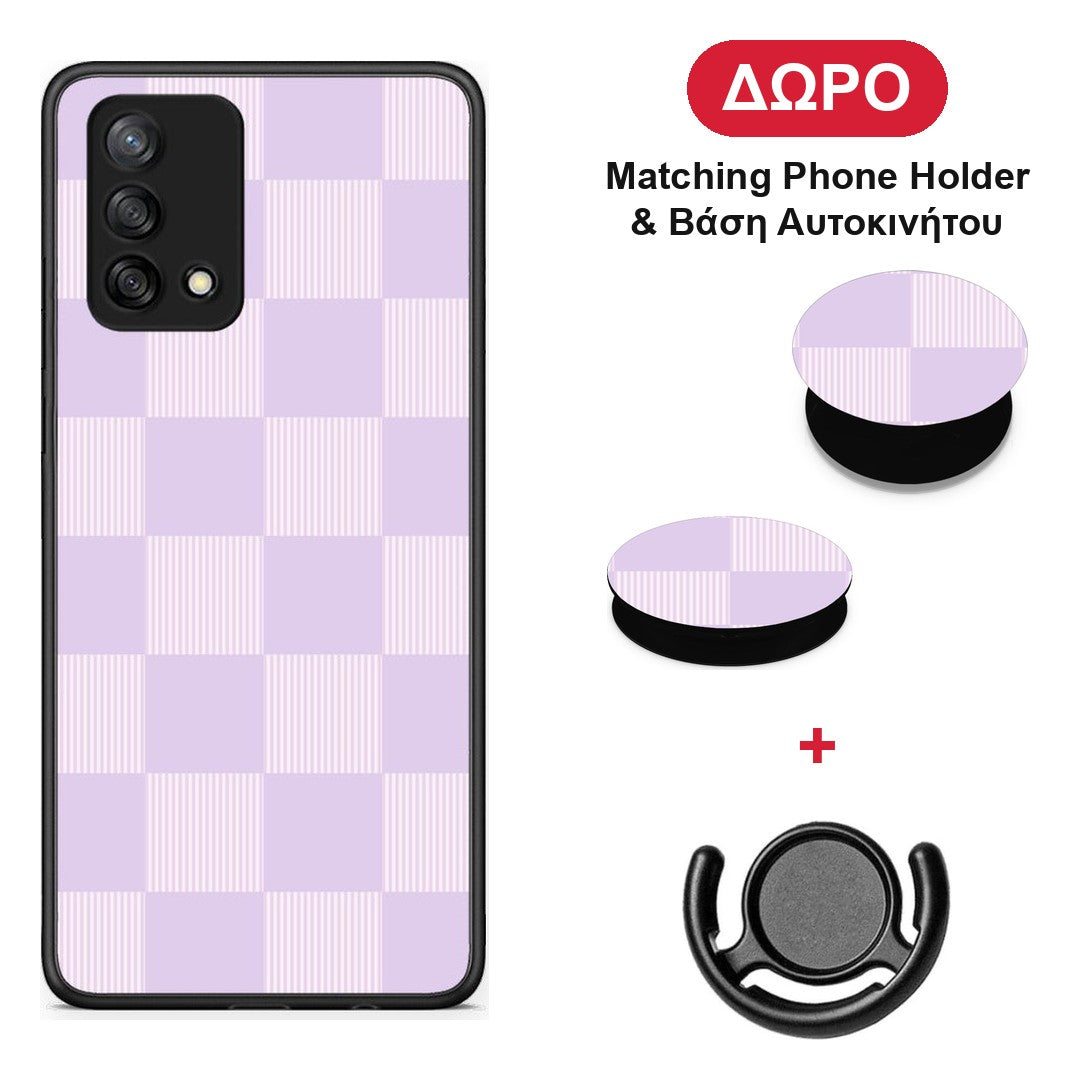 Lilac and Cream Striped Checks - Oppo A74 4G θήκη + Δώρο Phone Holder & Βάση Αυτοκινήτου