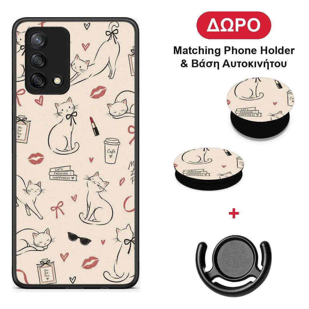 Minimal Cat and Fashion Doodles on Cream - Oppo A74 4G θήκη + Δώρο Phone Holder & Βάση Αυτοκινήτου