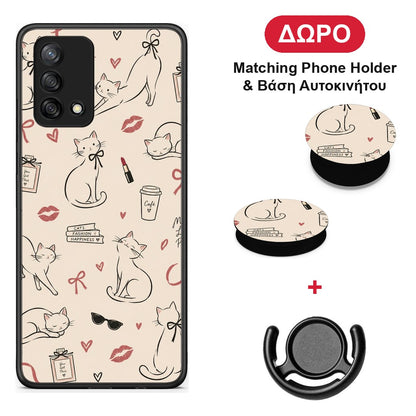 Minimal Cat and Fashion Doodles on Cream - Oppo A74 4G θήκη + Δώρο Phone Holder & Βάση Αυτοκινήτου