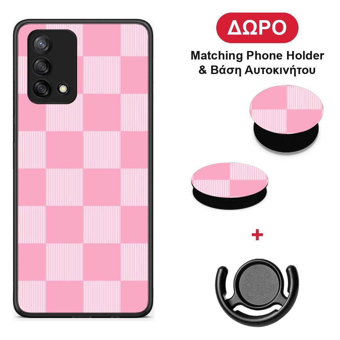 Pink and White Striped Checks - Oppo A74 4G θήκη + Δώρο Phone Holder & Βάση Αυτοκινήτου