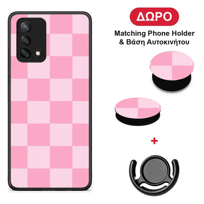 Pink and White Striped Checks - Oppo A74 4G θήκη + Δώρο Phone Holder & Βάση Αυτοκινήτου