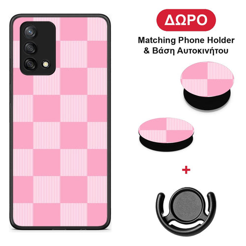 Pink and White Striped Checks - Oppo A74 4G θήκη + Δώρο Phone Holder & Βάση Αυτοκινήτου