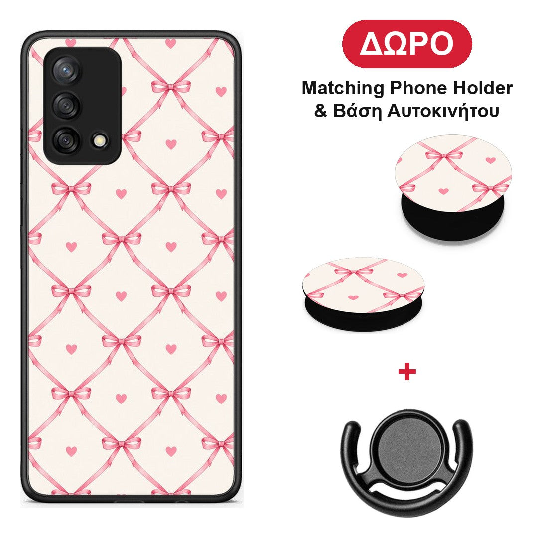 Pink Bow Lattice and Hearts on Cream - Oppo A74 4G θήκη + Δώρο Phone Holder & Βάση Αυτοκινήτου