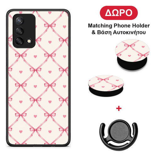 Pink Bow Lattice and Hearts on Cream - Oppo A74 4G θήκη + Δώρο Phone Holder & Βάση Αυτοκινήτου