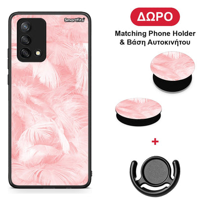 Boho Pink Feather - Oppo A74 4G θήκη + Δώρο Phone Holder & Βάση Αυτοκινήτου