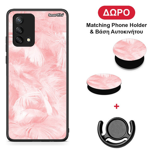 Boho Pink Feather - Oppo A74 4G θήκη + Δώρο Phone Holder & Βάση Αυτοκινήτου