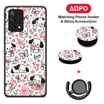 Pink Florals Puppies and Bunnies on White - Oppo A74 4G θήκη + Δώρο Phone Holder & Βάση Αυτοκινήτου