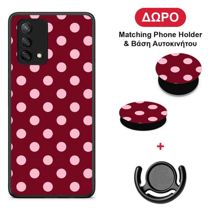 Pink Polka Dots on Burgundy - Oppo A74 4G θήκη + Δώρο Phone Holder & Βάση Αυτοκινήτου