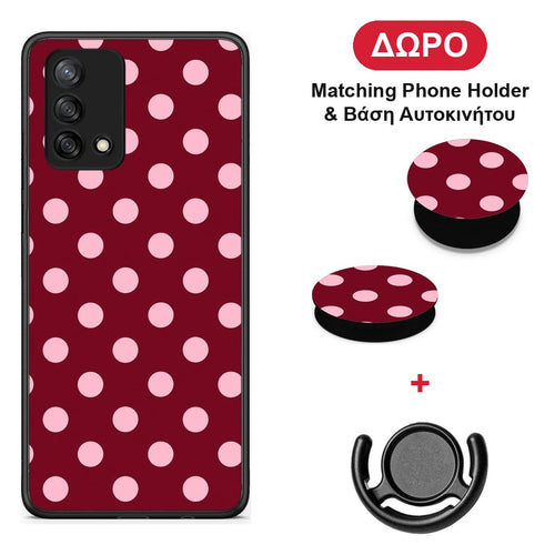 Pink Polka Dots on Burgundy - Oppo A74 4G θήκη + Δώρο Phone Holder & Βάση Αυτοκινήτου