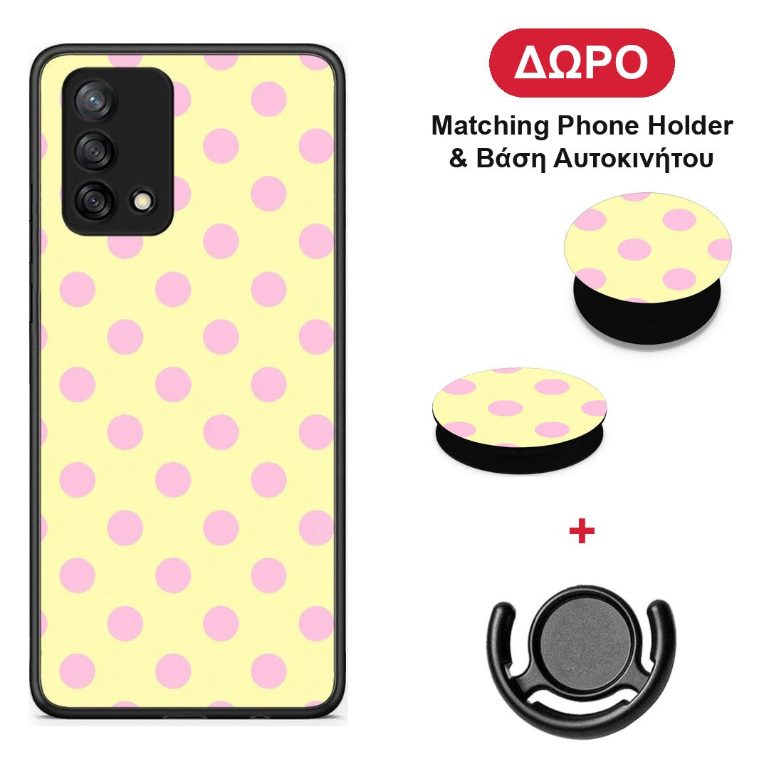 Pink Polka Dots on Yellow - Oppo A74 4G θήκη + Δώρο Phone Holder & Βάση Αυτοκινήτου