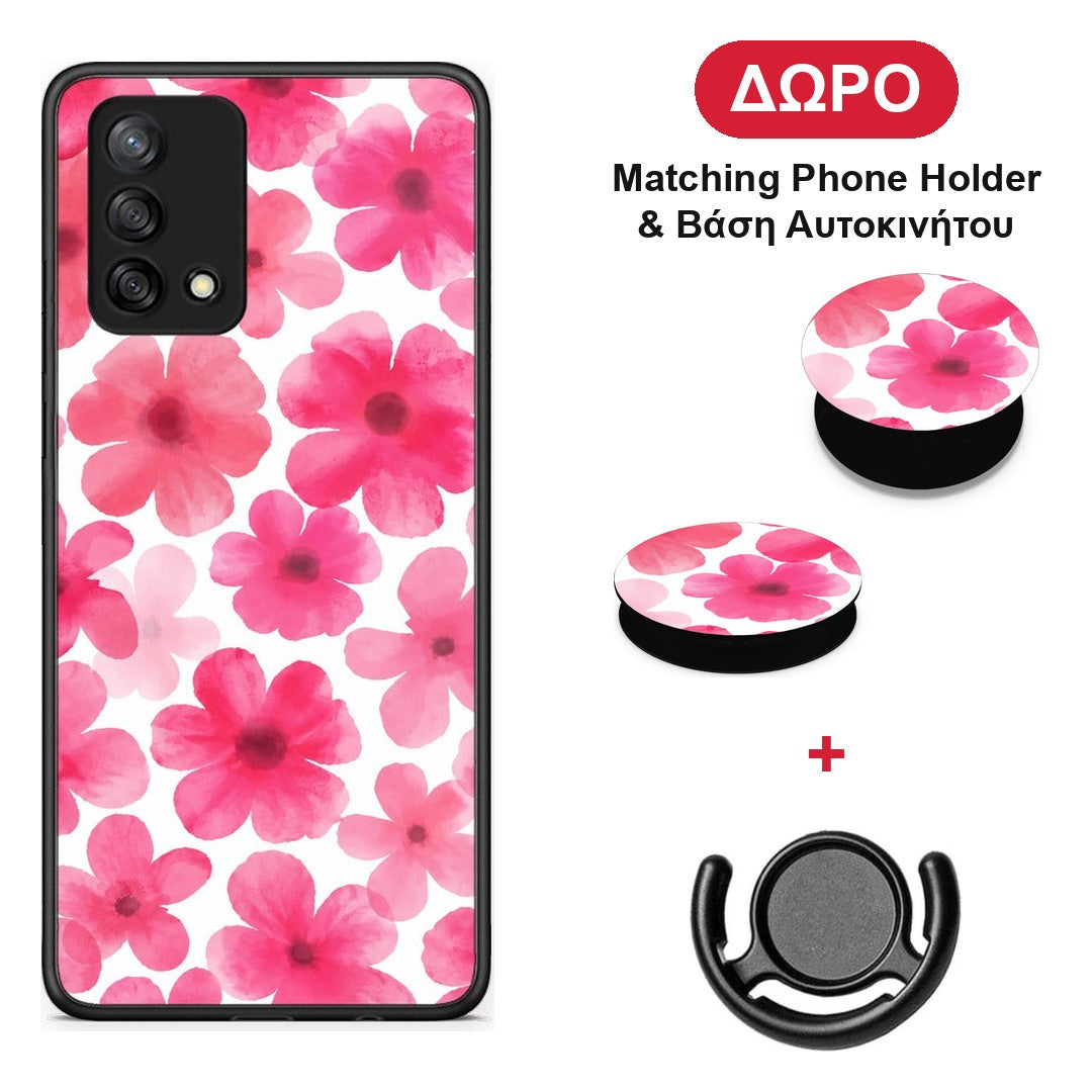 Pink Watercolour Flowers on White - Oppo A74 4G θήκη + Δώρο Phone Holder & Βάση Αυτοκινήτου