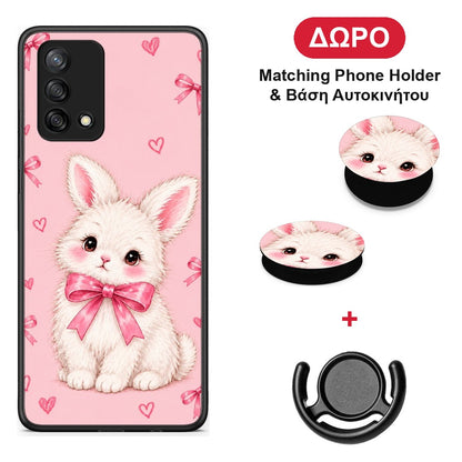 White Bunny and Pink Bows - Oppo A74 4G θήκη + Δώρο Phone Holder & Βάση Αυτοκινήτου
