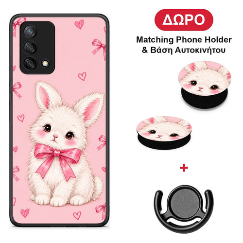 White Bunny and Pink Bows - Oppo A74 4G θήκη + Δώρο Phone Holder & Βάση Αυτοκινήτου
