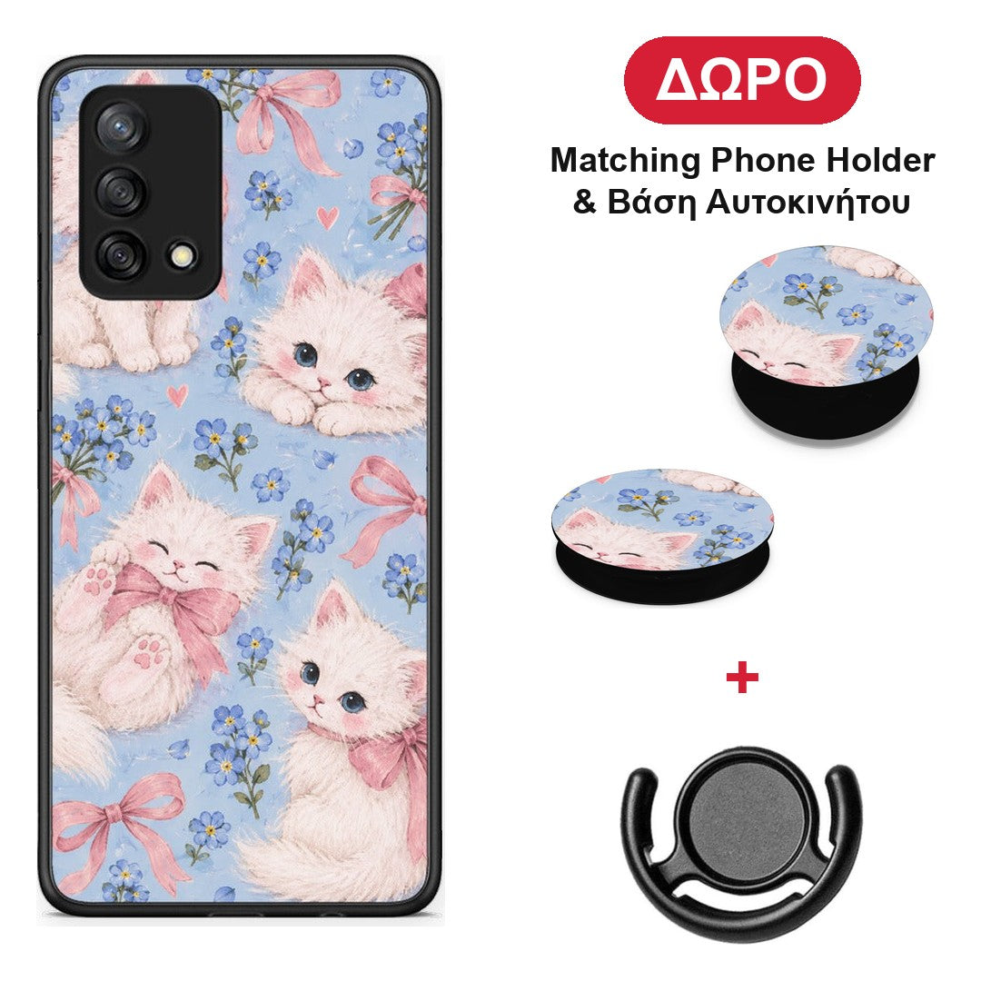 White Kittens and Blue Flowers Large - Oppo A74 4G θήκη + Δώρο Phone Holder & Βάση Αυτοκινήτου