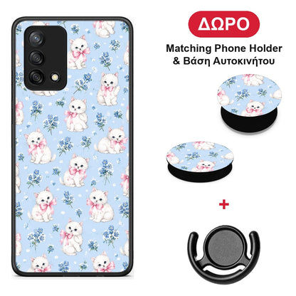 White Kittens and Blue Flowers Small - Oppo A74 4G θήκη + Δώρο Phone Holder & Βάση Αυτοκινήτου