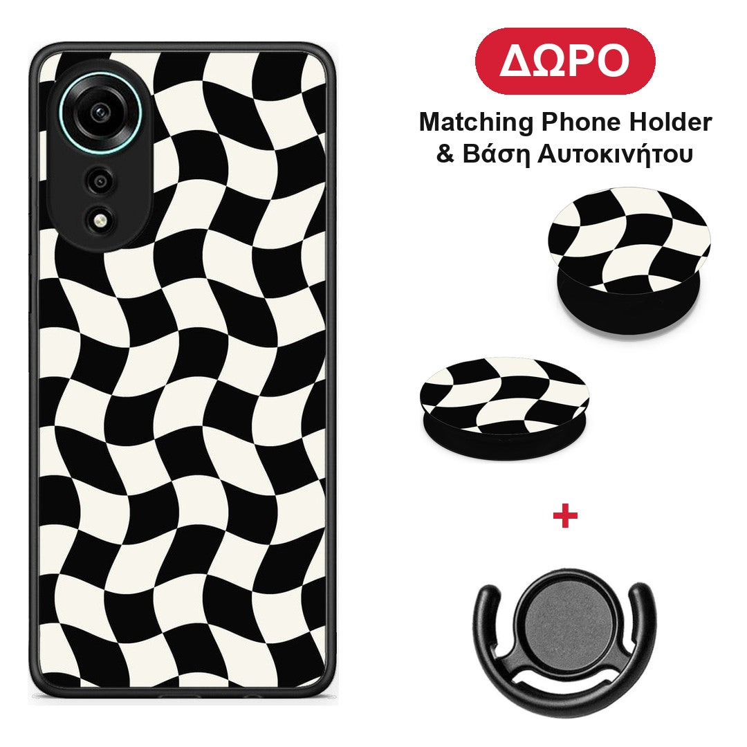 Black and Cream Wavy Checkerboard - Oppo A78 4G θήκη + Δώρο Phone Holder & Βάση Αυτοκινήτου
