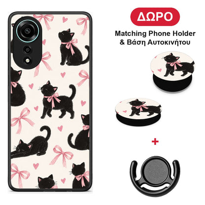 Black Kittens and Pink Bows on Cream Large - Oppo A78 4G θήκη + Δώρο Phone Holder & Βάση Αυτοκινήτου
